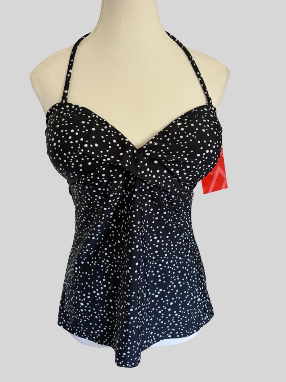 Ripzone Black White Polka Dot Donjana Padded Halter Tankini Swim Top-Sz-XL